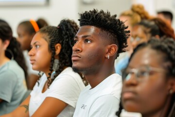 A diverse group of students attending a financial literacy seminar learning about budgeting.