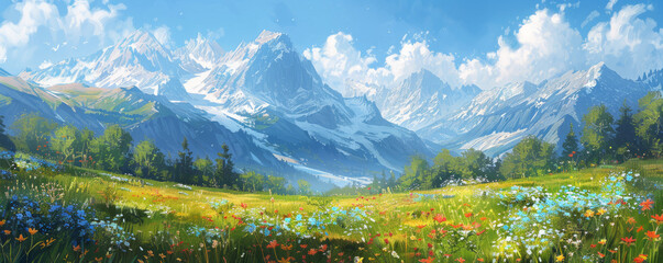 A serene alpine meadow blanketed in wildflowers, with snow-capped peaks towering in the background.
