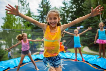 Kids playing on a trampoline and having fun in summer.