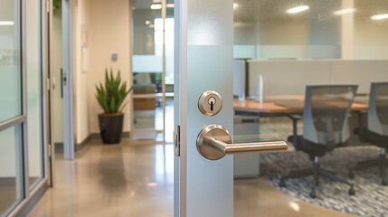 Contemporary office setting showcasing stainless steel lever handle and matching lockset against frosted glass doors.