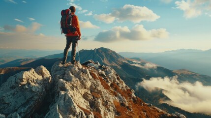 Top of the World: Adventurous Hiker on Mountain Summit with breathtaking Views
