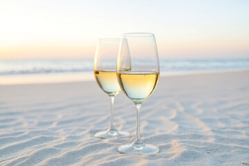 Two Glasses of White Wine on the Beach at Sunset