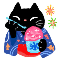 花火をバックにイチゴ味のかき氷を食べる黒猫