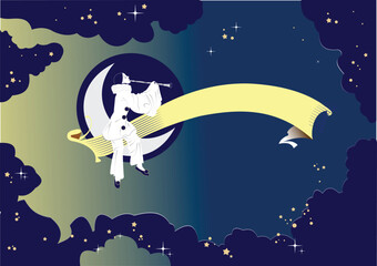 Pierrot playing clarinet sitting on crescent moon banner ribbon in the sky