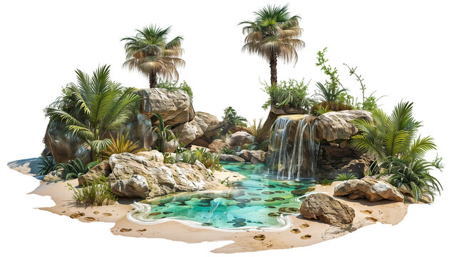 Desert oasis with palm trees, plants, a pond and a small waterfall, isolated on a transparent background