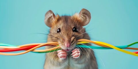 Brown rat holding colored wires against blue background