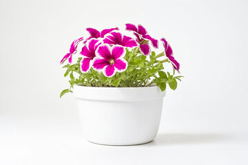 Fototapeta premium Close-up of pink and white petunia flowers in a white pot
