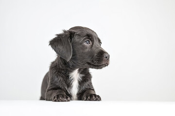 Adorable Black Puppy Lying on a White Background