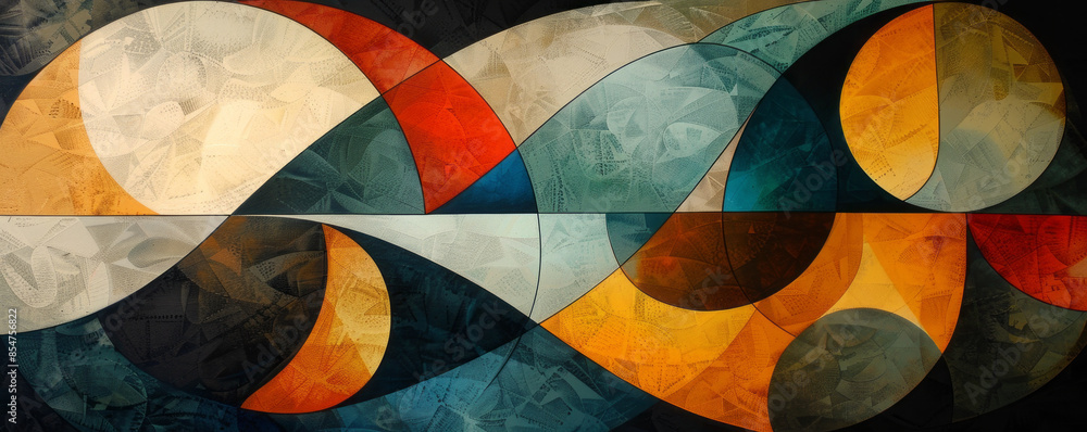 Poster a series of geometric shapes overlapping and intersecting, creating a sense of movement and dynamism
