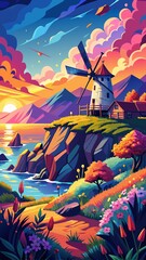 Vibrant Coastal Windmill Sunset Illustration