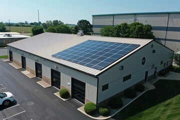 Aerial view of a modern industrial building equipped with solar panels on the roof, highlighting renewable energy use and sustainable practices.