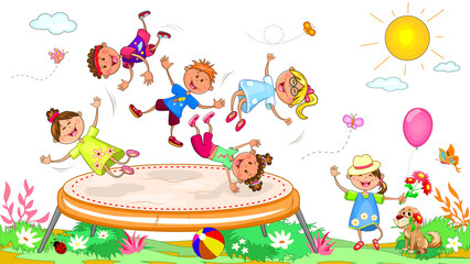 Happy children jumping on a trampoline. Joyful little children on a walk. Cheerful, smiling children play various games—a group of happy, smiling children