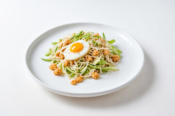 Fried Egg on Green Bean Salad with Crispy Tofu