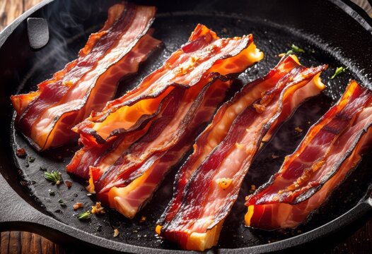 sizzling bacon cast iron skillet close cooking process, stovetop, crispy, meat, breakfast, frying, pan, pork, aroma, hot, kitchen, preparation, savory, homemade