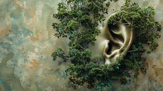 An ear with a forest growing out of it, set against a painted background