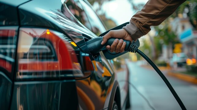 Man inserts a power cord into an electric car for charging 