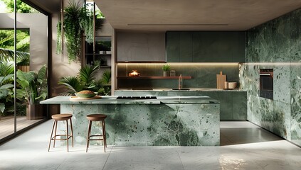 Modern Kitchen with Green Marble Island
