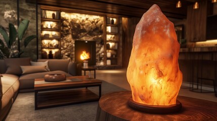 close up of salt lamp in home apartment standing on a wooden desk, interior, indoor