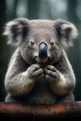 Fototapeta premium Close-up of a Cute Koala with Expressive Eyes and Fluffy Ears Holding a Tree Branch