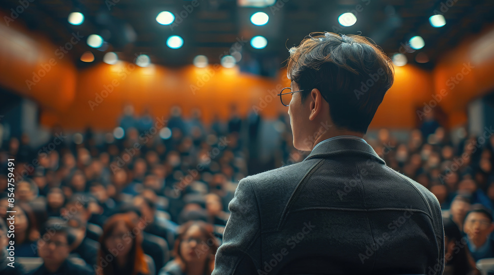 Poster rear view. handsome korean man in his 40s with glasses lecturing in front of a korean audience. gene