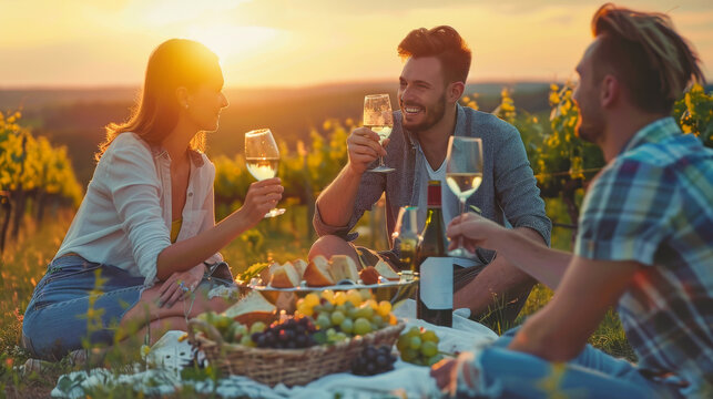Adult friends cheering with white wine during pic nic in vineyard - Summer, young people and food concept - Soft focus on the man in the middle - Models by AI generative