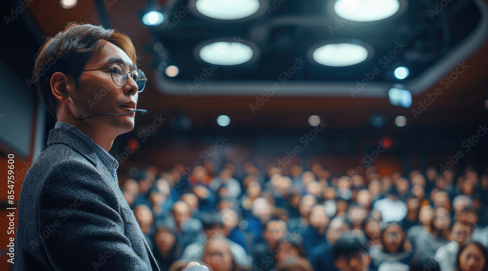 Poster rear view. handsome korean man in his 40s with glasses lecturing in front of a korean audience. gene