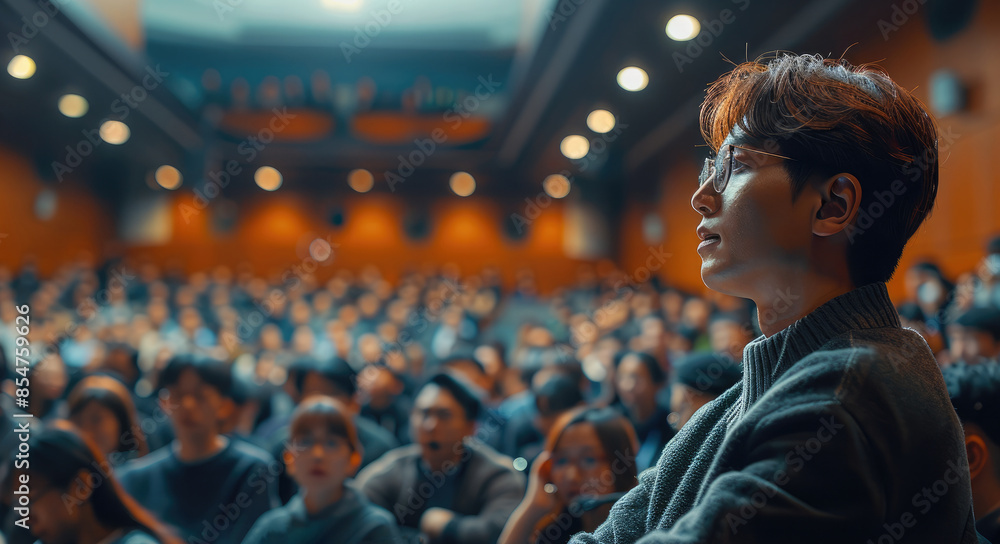 Poster rear view. handsome korean man in his 40s with glasses lecturing in front of a korean audience. gene