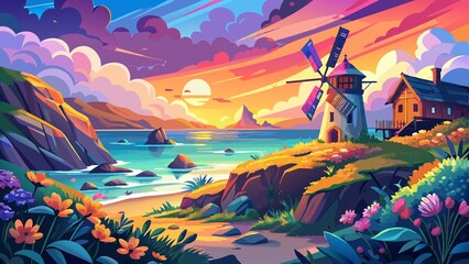 Vibrant Coastal Windmill Sunset Illustration