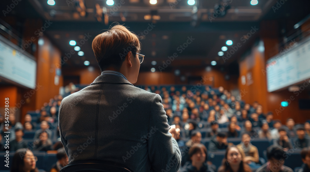 Poster rear view. handsome korean man in his 40s with glasses lecturing in front of a korean audience. gene