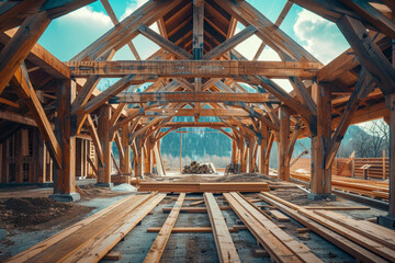 A large open space with wooden beams and a lot of wood
