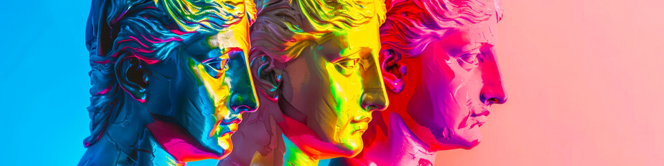 Fototapeta premium Three statues of women with colorful faces