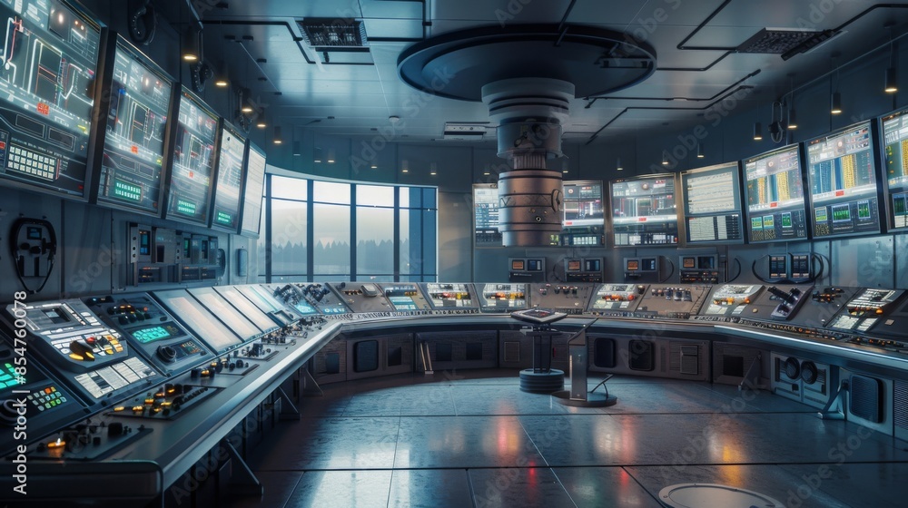 Poster a futuristic control room with multiple large monitors displaying data and graphs. the room is empty