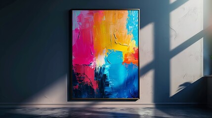 Vibrant Abstract Painting in Sunlit Modern Room with Colorful Brushstrokes in Framed Art