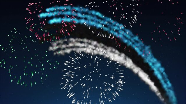 Estonia holiday banner template. Fireworks estonian flag on night sky background. Estonian national holiday. Estonia flag fireworks. Template, place for text, copy space. Animated greeting card