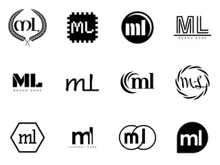 ML logo company template. Letter m and l logotype. Set different classic serif lettering and modern bold text with design elements. Initial font typography.