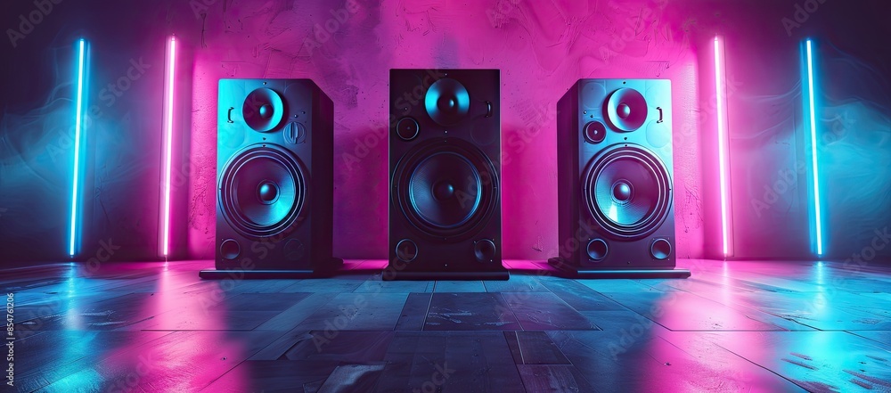 Wall mural neon speakers in a synthwave setting