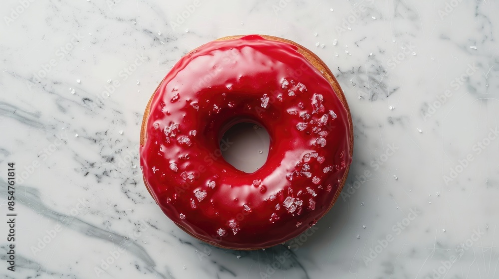 Poster red donut with glaze displayed on a marble surface close up shot from above