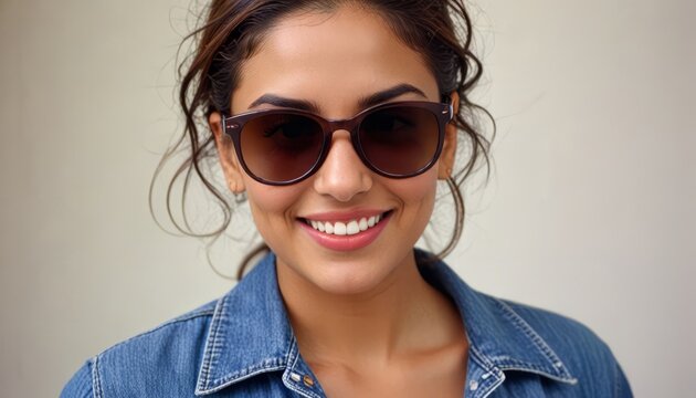 Smiling Woman in Sunglasses: A radiant young woman with a warm smile, wearing stylish brown sunglasses and a denim shirt.  Her joyful expression and confident pose exude positive energy. 