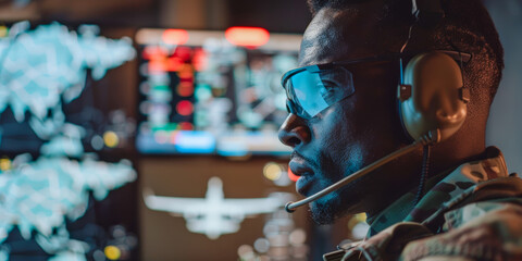 Obraz premium A man wearing a headset and sunglasses is looking at a computer screen