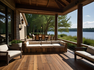 Fototapeta premium Tranquil Lakeside Patio Retreat