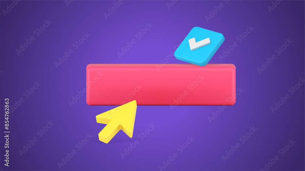 Poster subscribe button with arrow click cursor and done checkmark pink 3d icon realistic vector