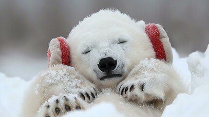 Cute polar bear cub sleeping in the snow. It has its paws over its ears to block out the noise.