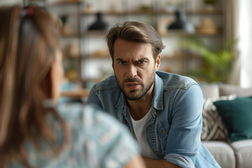 Fototapeta premium A man with a beard and dark hair is sitting on a couch and looking angrily at a woman, who is out of focus