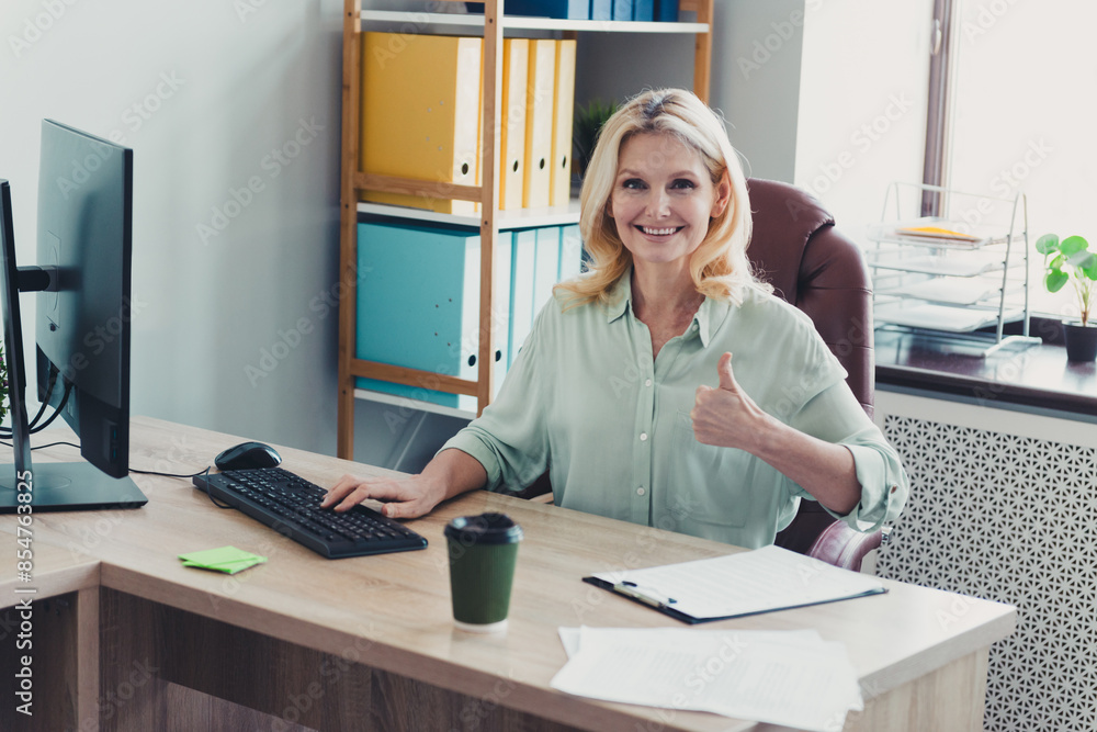 Sticker Photo of pretty charming woman working with computer in modern office room thumb up indoors workplace workshop