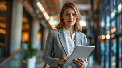 female business owner in formal clothes, with a digital tablet, checking office workflow while walking,