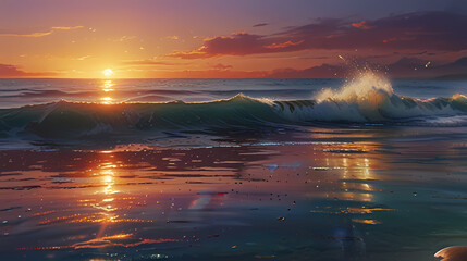 a serene beach at sunset with holographic waves washing onto the shore, reflecting the colors of the sky.