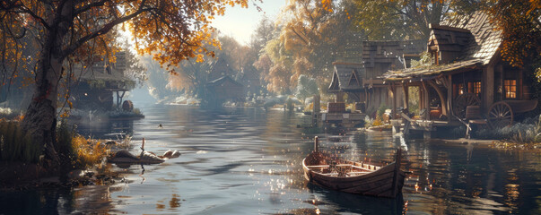 Naklejka premium A serene riverside scene with a wooden rowboat drifting lazily in calm waters. A blacksmith forging iron in a rustic workshop, sparks flying as they hammer the metal.