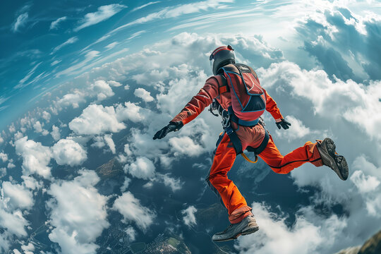 A skydiver wearing a red jumpsuit and helmet freefalls through the air over sea of fluffy white clouds. The skydivers arms are outstretched and they appear to be enjoying the exhilarating experience