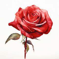 Watercolor Painting of a Single Red Rose with Detailed Petals and Subtle Shadows