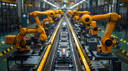 Fototapeta premium Intelligent robotic arms in a digital factory demonstrating automated manufacturing technology within the industry